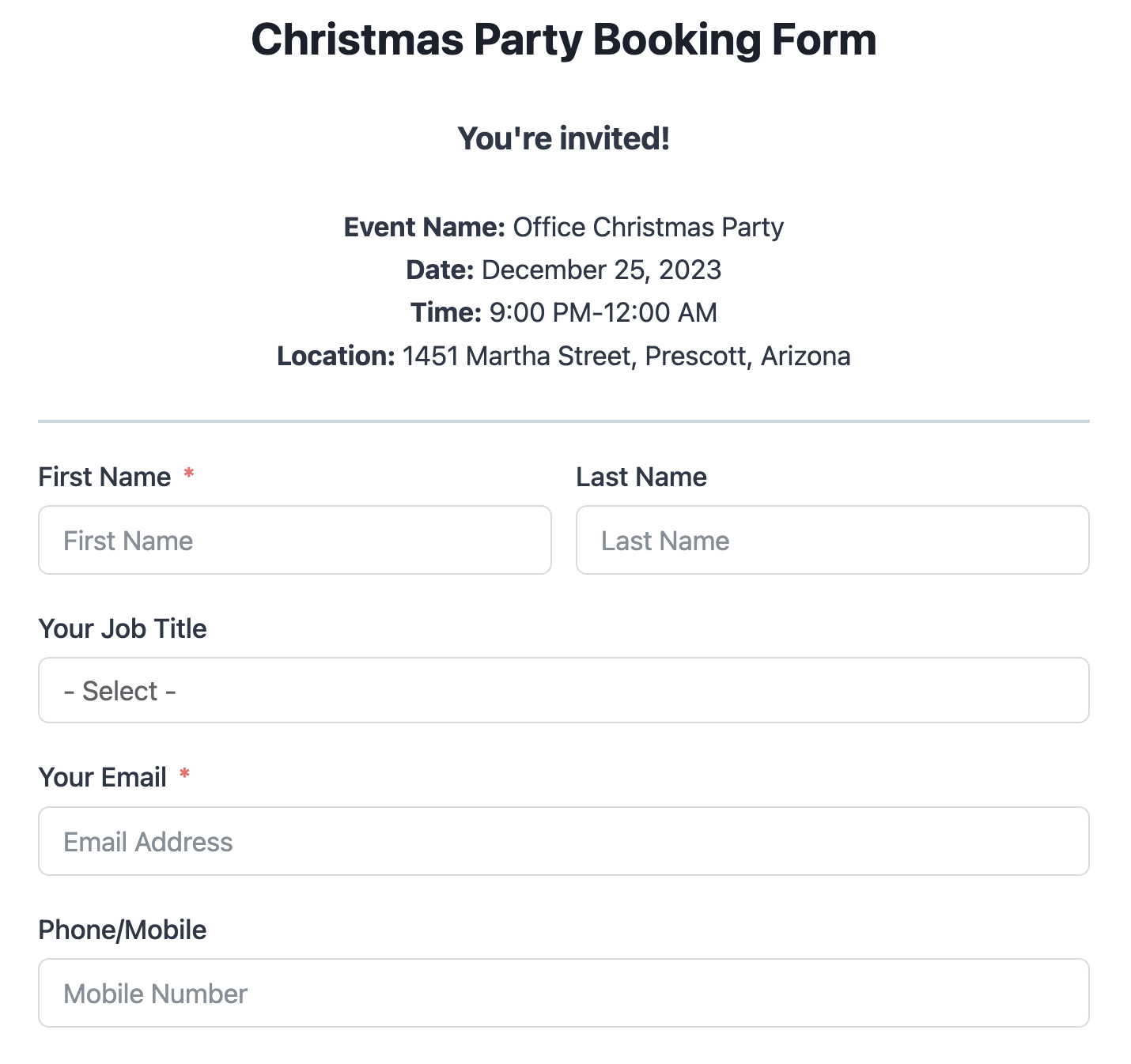 Christmas party booking form