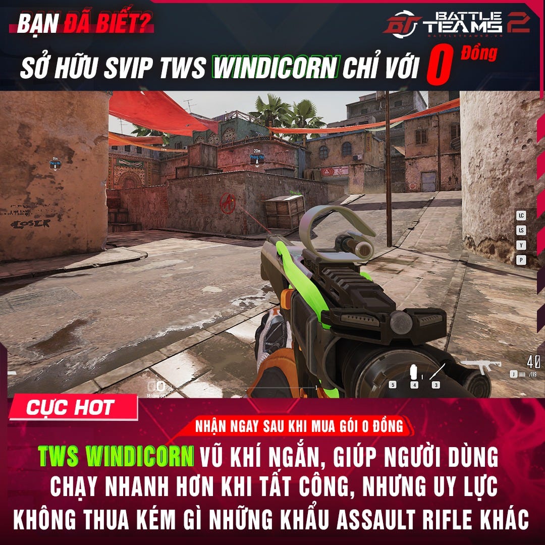 Có thể là hình ảnh về văn bản cho biết 'BẠN ĐÃ BIẾT? 一。人T信 SỞ HỮU SVIP TWS WINDICORN CHỈ VỚI O Đồng CỰC HOT 40 NHẬN NGAY SAU KHI MUA GÓI ĐỒNG TWS WINDICORN VŨ KHI NGẮN, GIÚP NGƯỜI DÙNG CHẠY NHANH HƠN KHI TẤT CÃNG, NHƯNG UY LỰC KHÔNG THUA KÉM GÌ NHỮNG KHẨU ASSAULT RIFLE KHÁC'