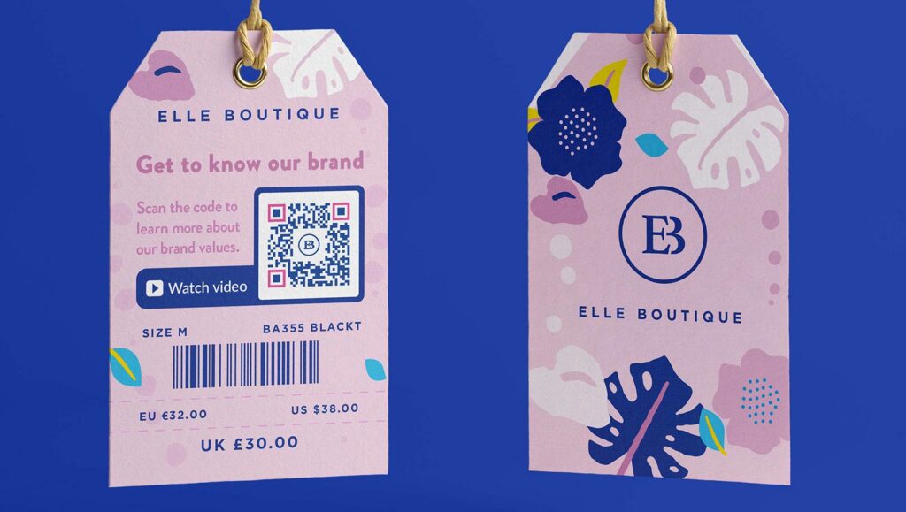 Video QR Code on a fashion product tag prompting people to scan and learn more about the brand values