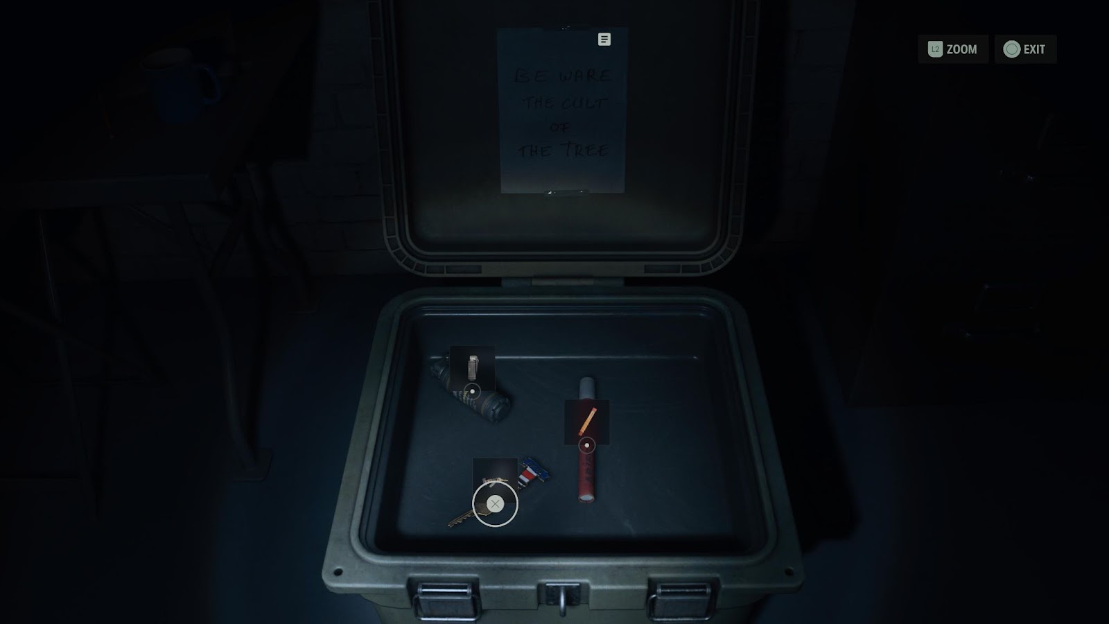 An in game screenshot of the inside of the cult stash in Bright Falls Sheriff Station in Alan Wake 2. 