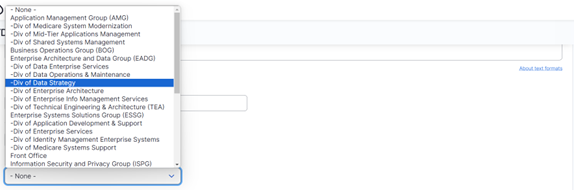 A dropdown menu with organization names and division choices listed and the Division of Data Strategy highlighted.