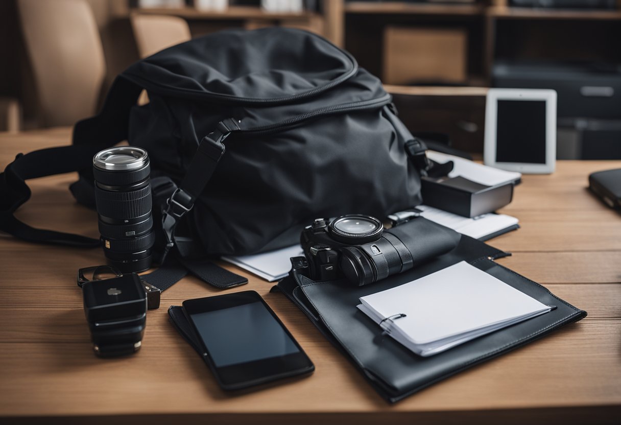 A black backpack filled with personal items and important documents sits on a wooden table, ready to be grabbed in case of emergency