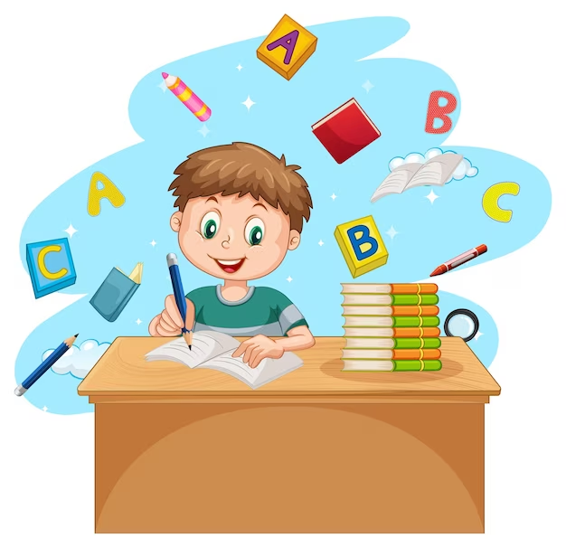 Illustration of a boy writing for school