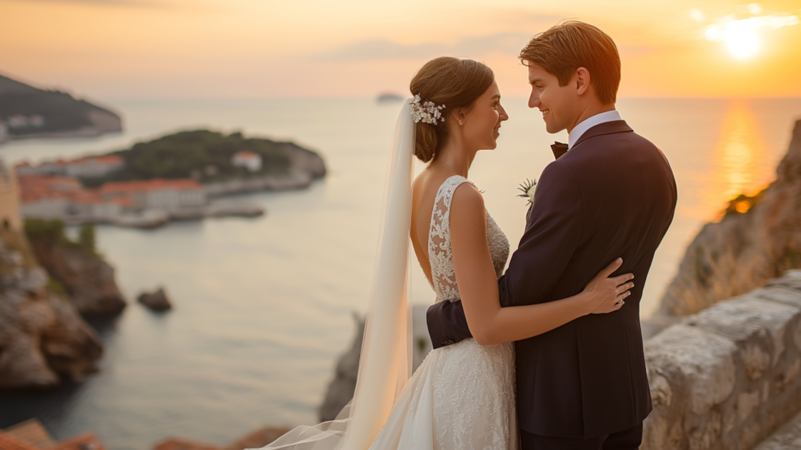 A newly married couple against the backdrop of Dubrovnik's ancient walls.