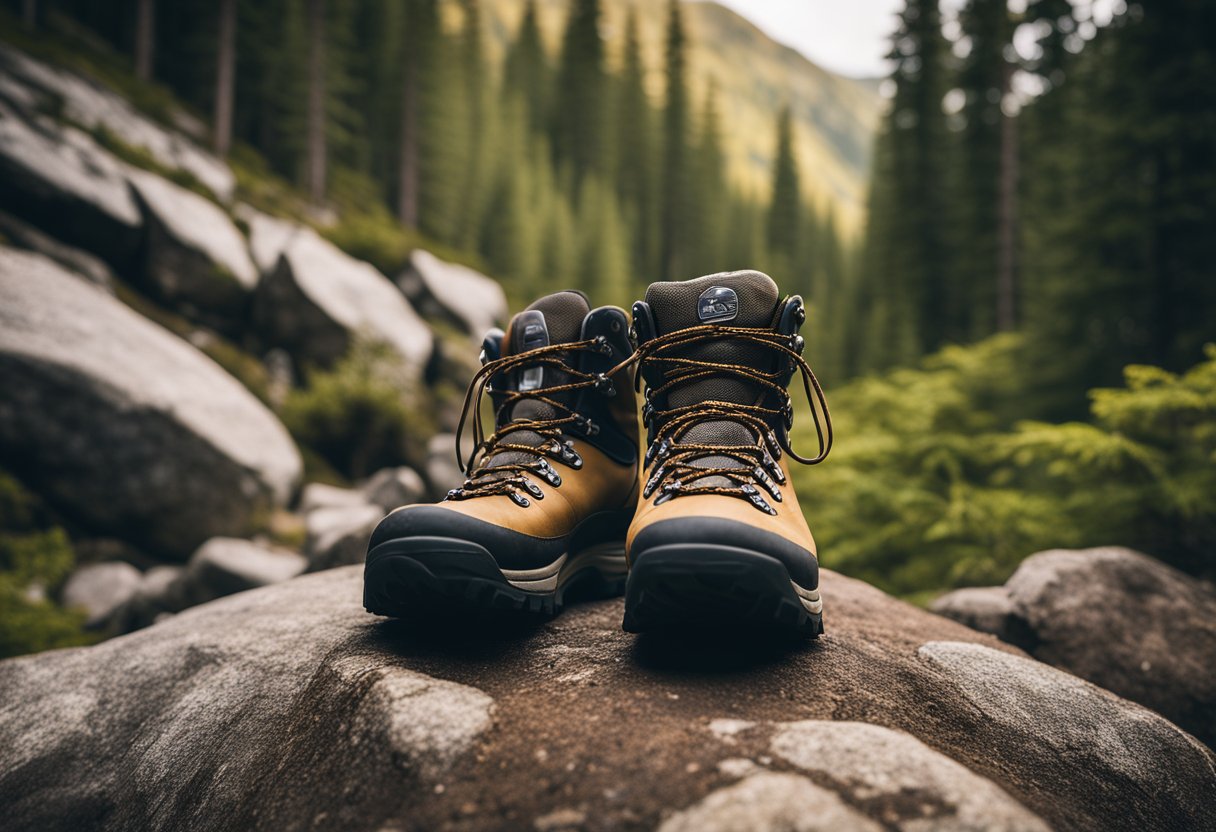 A pair of sturdy hiking boots on a rocky trail, surrounded by towering trees and a distant mountain peak