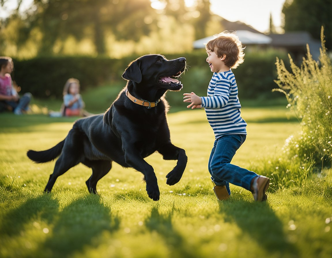 toddler playing with a black labrador retriever on a field of grass
