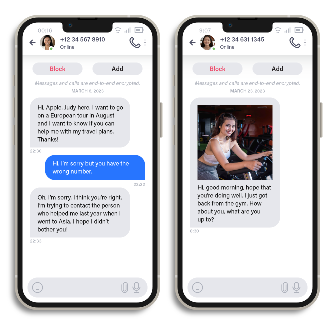 Initial conversations wherein a scammer used a seemingly innocuous introduction for one victim and a stolen photo for another