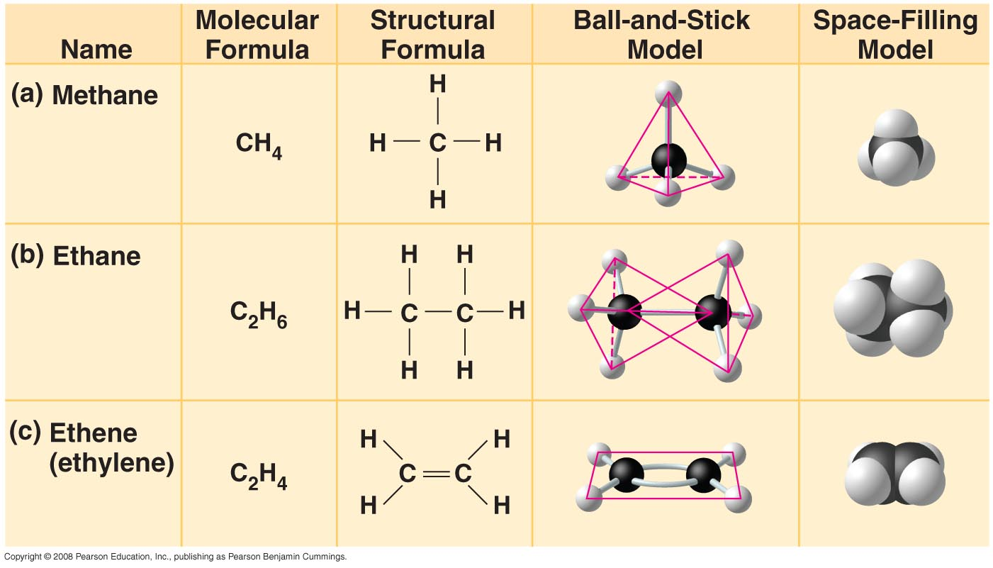 Structural <br />Formula <br />Name <br />(a) Methane <br />(b) Ethane <br />(c) Ethene <br />(ethylene) <br />cop,eort 0 20C8 <br />Molecular <br />Formula <br />CH4 <br />C2H6 <br />C2H4 <br />Ball- <br />and-Stick <br />Model <br />Space-Filling <br />Model <br />H <br />H—c— <br />H <br />H <br />H 