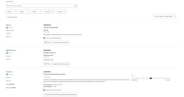 Levis' Filterable Customer Reviews