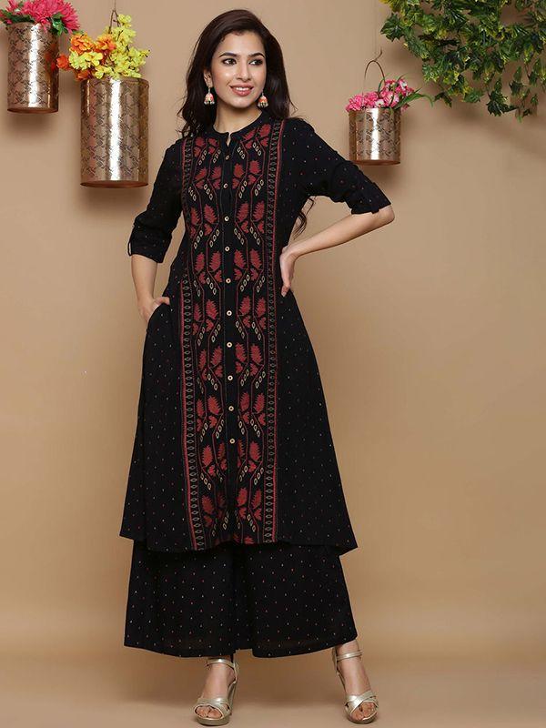 Fashion Style Black Printed A-Line Kurti With Palazzo Set | Bhadar