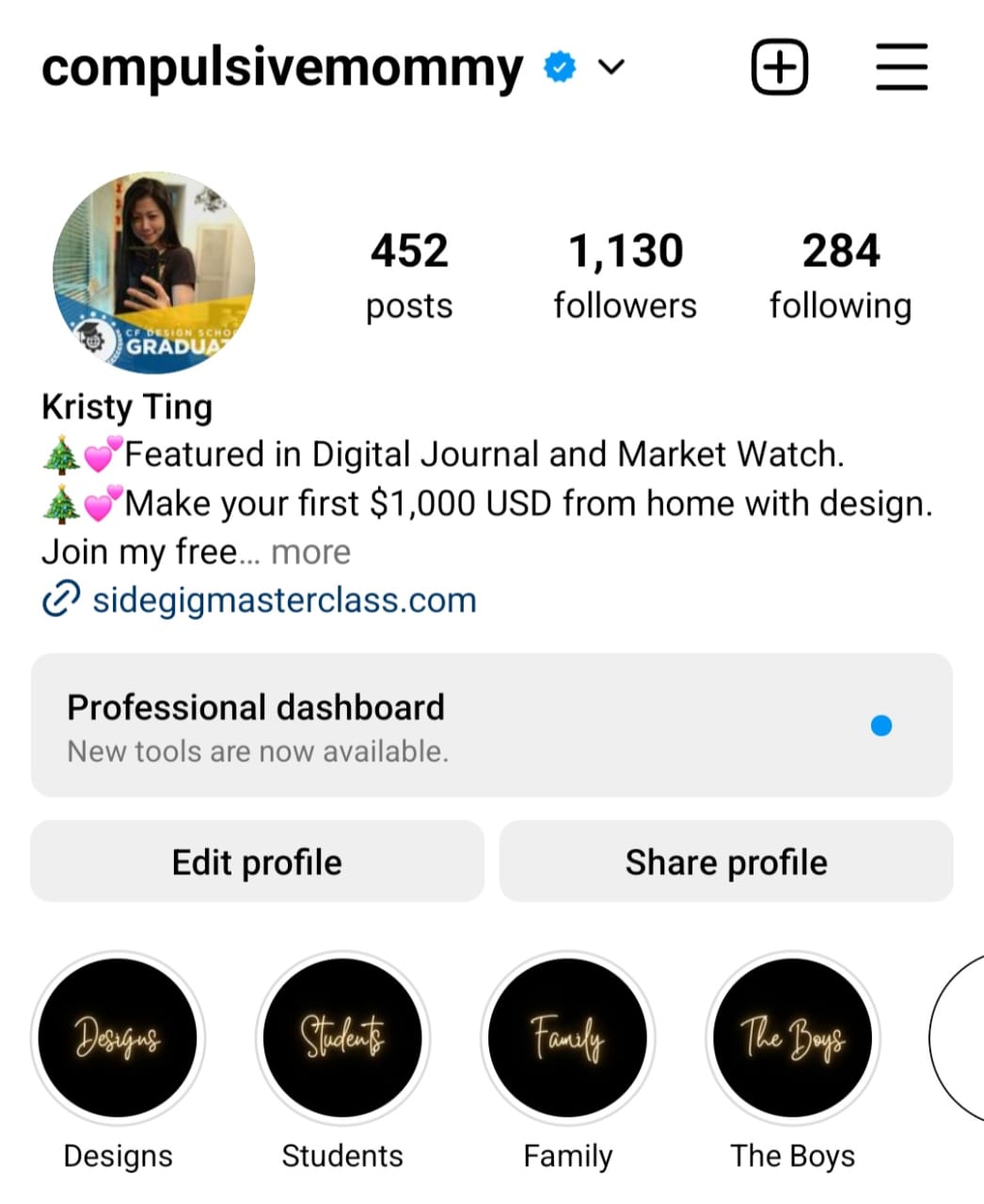Kristy Ting Instagram account using highlight covers