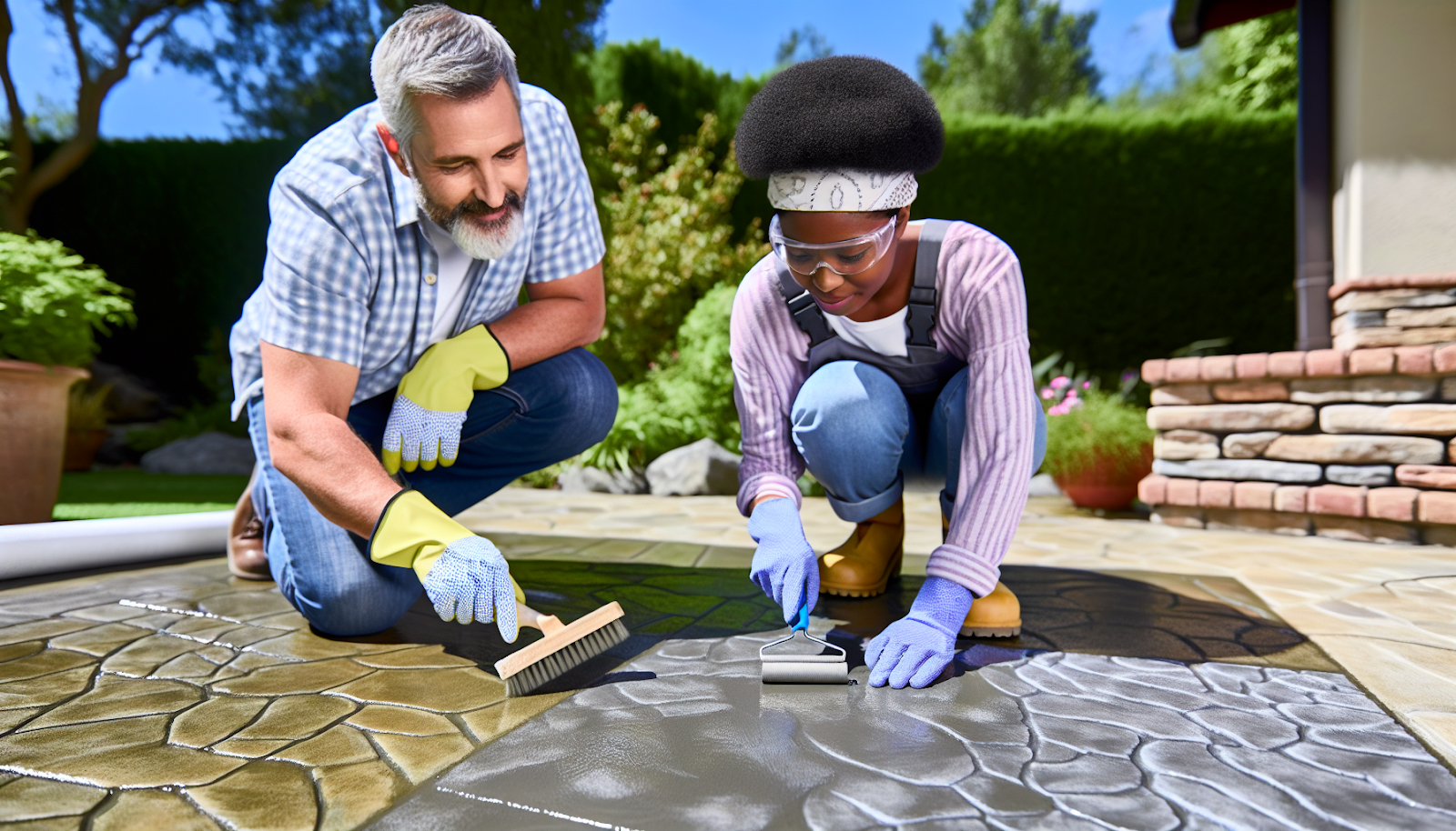 Father and daughter working together to apply a stamped concrete pattern, illustrating a DIY approach to enhancing a patio with decorative concrete