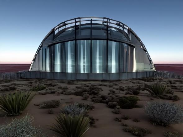 A glass dome shaped building in desert

Description automatically generated