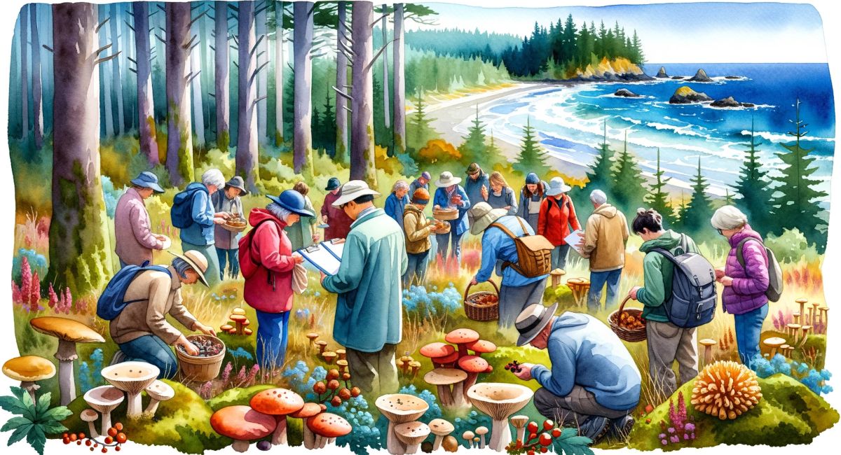 Watercolor painting of a foraging workshop in action on the Oregon Coast. A diverse group of people, led by a guide, are exploring the coastal forest. They're inspecting mushrooms, collecting seaweeds, and tasting wild berries, all while taking notes and sharing experiences. The vibrant colors of the forest and ocean merge beautifully in the background.