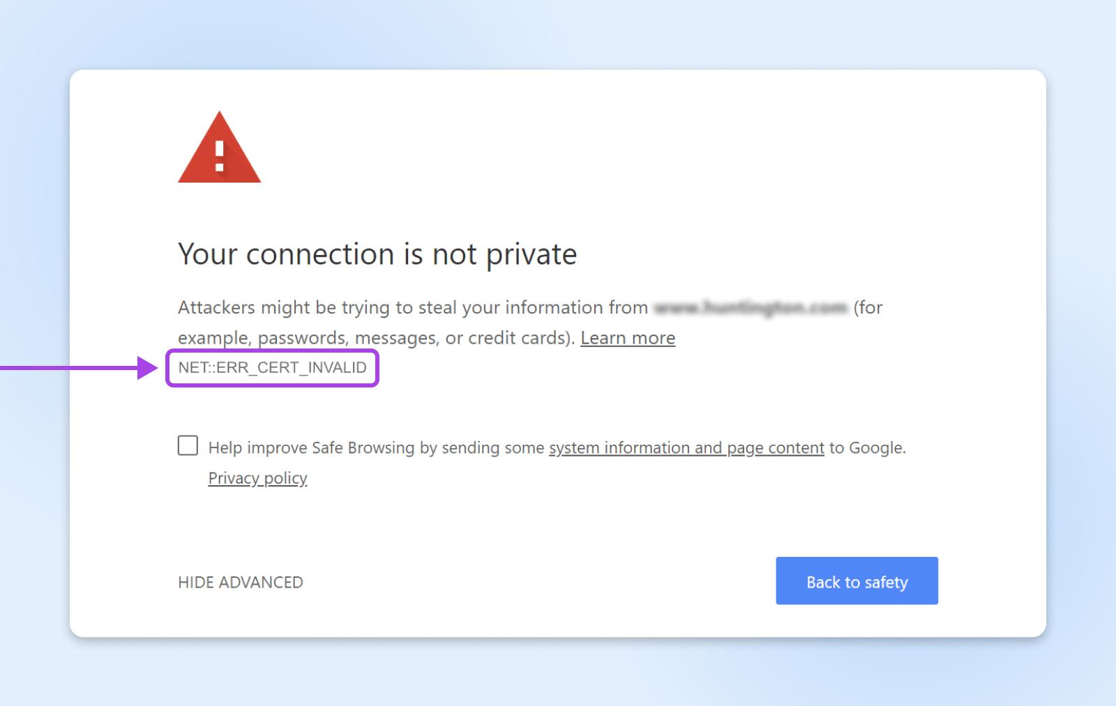 La misma pantalla "Su conexión no es privada" que indica dónde encontrar la nota "NET::ERR_CERT_INVALID"