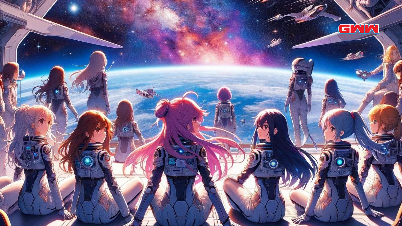 Group of anime girls looking at space from a ship