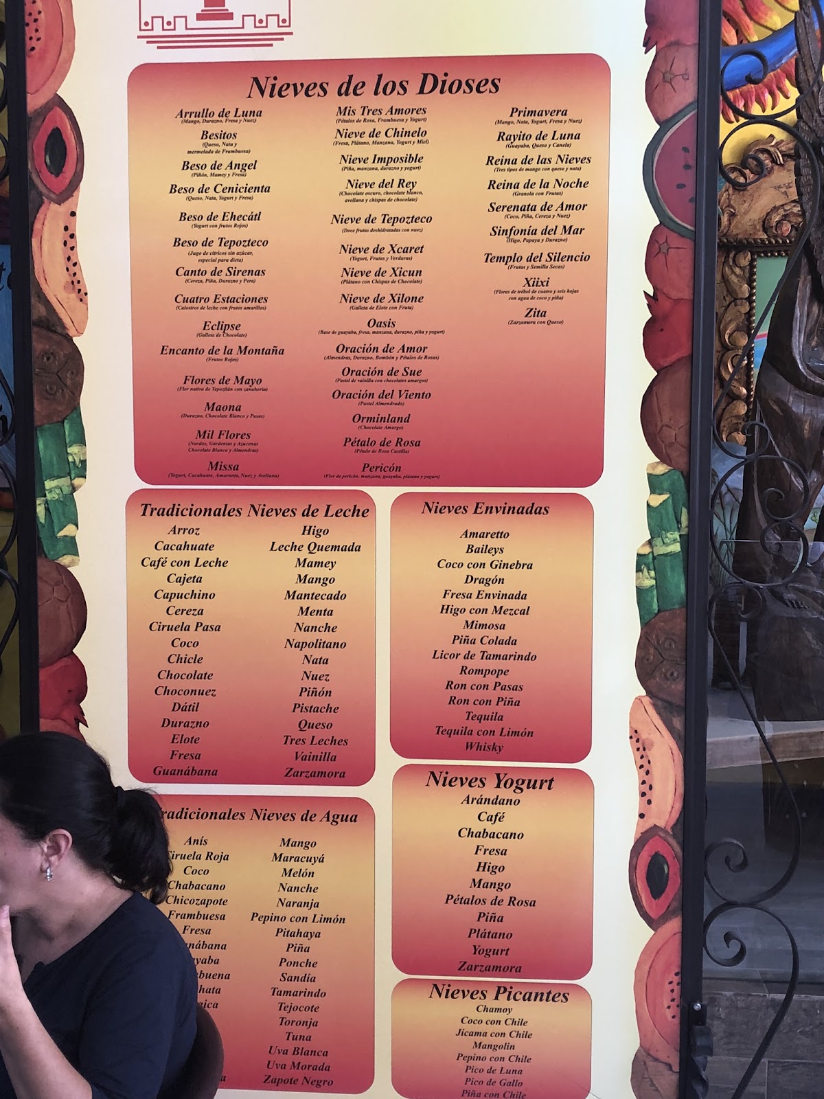 List of ice cream flavours at Tepoznieves in Tepoztlan, Mexico.