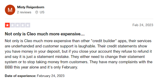 A one-star Cleo Credit Builder Card review from a person who thinks the Cleo platform is too expensive. 