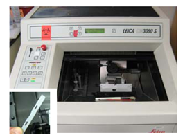 Text Box: Microtome enclosure, guarding, and blade. Source: Berkeley Lab EHS. 