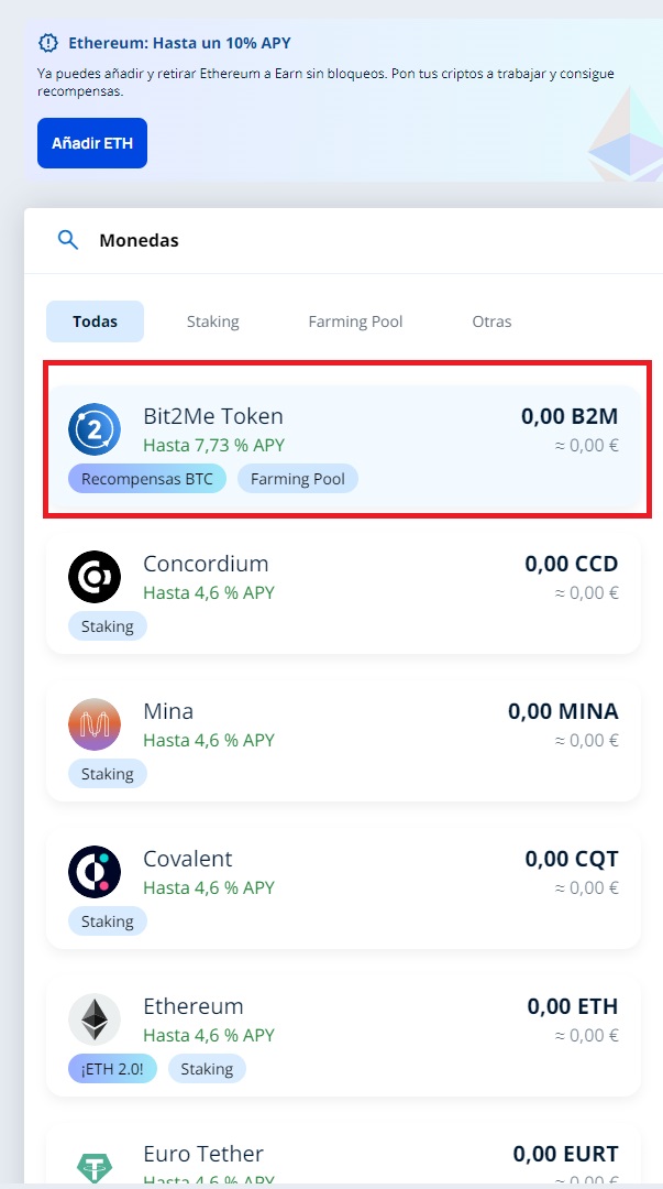 Paso 2: Seleccionar criptomoneda para staking