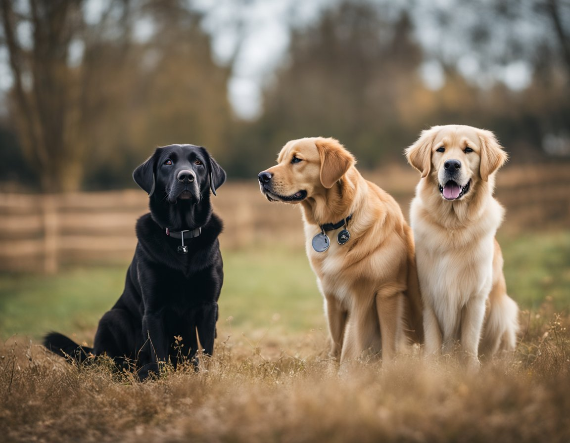 a black labrador and two golden retriever sitting at the backyard looking happy