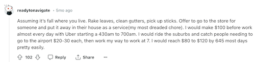 A Redditor recommending chores that can be done for money and driving for Uber. 