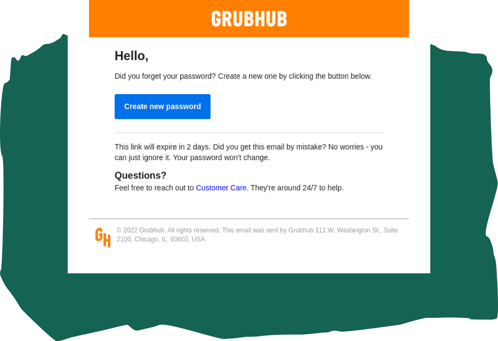 Grubhub create a new password email