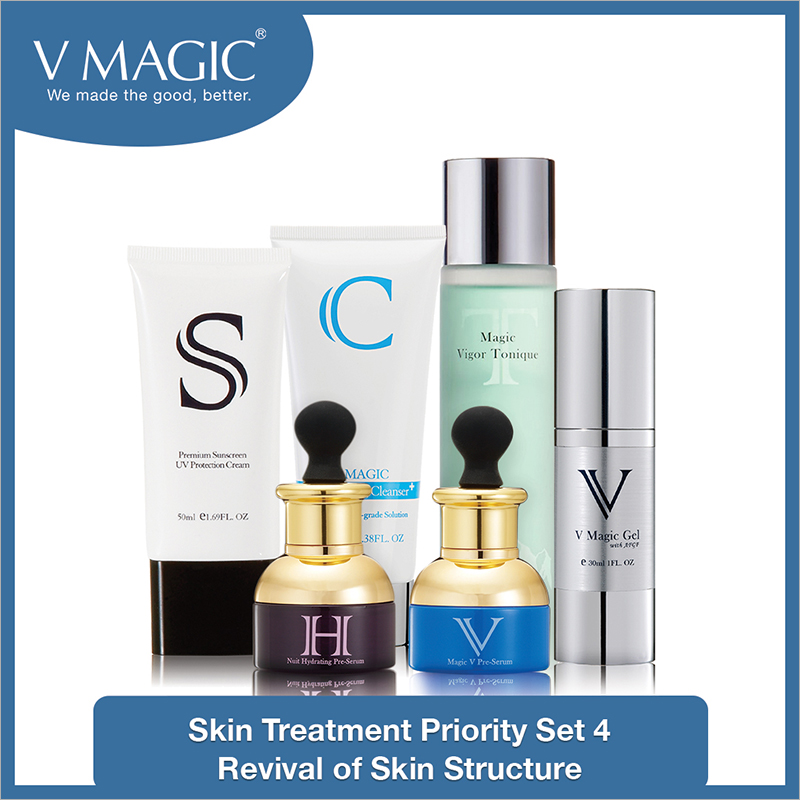 An image with different V Magic skincare products that help revive the skin structure and reduce the signs of wrinkles. 