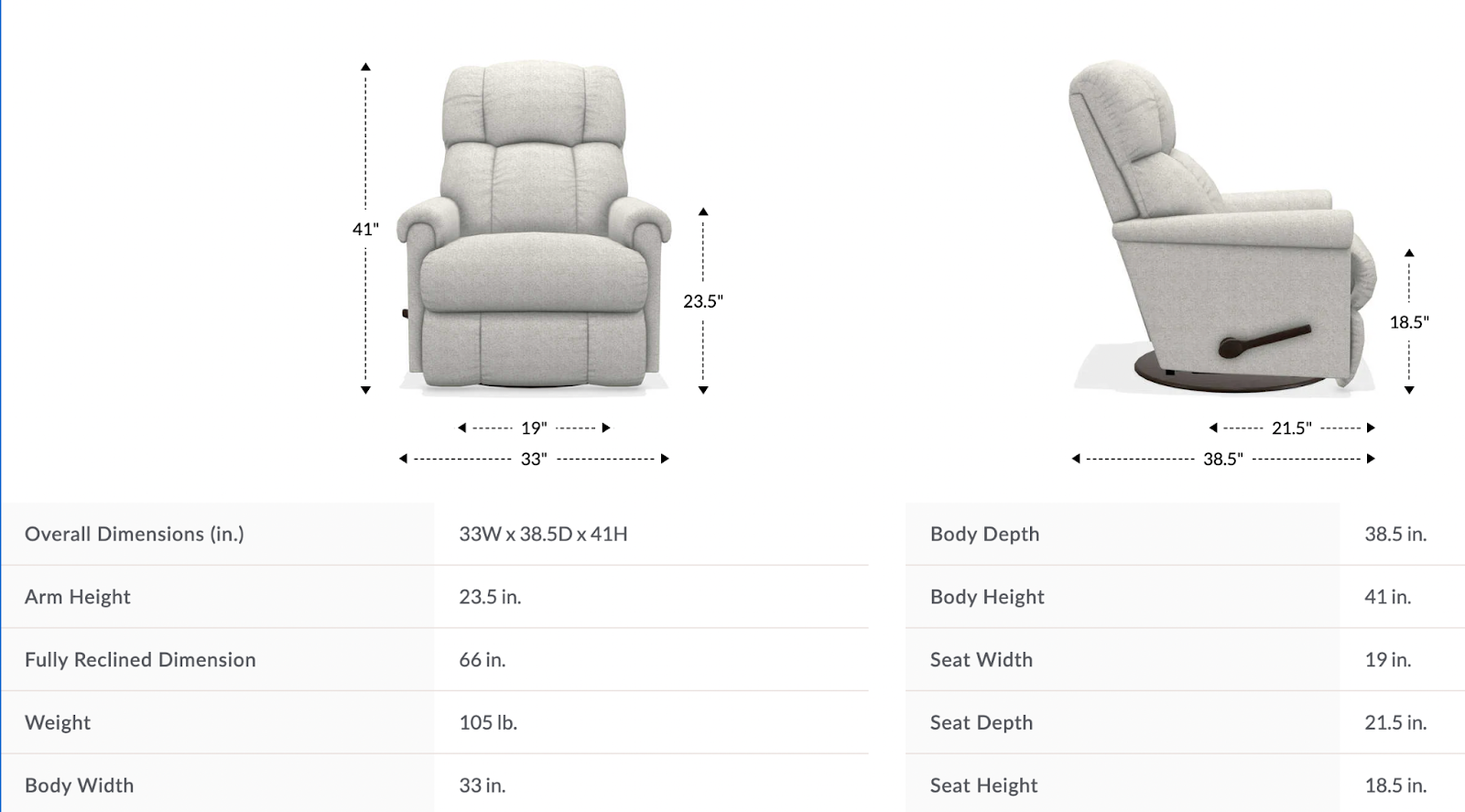 pinnacle gliding recliner dimensions