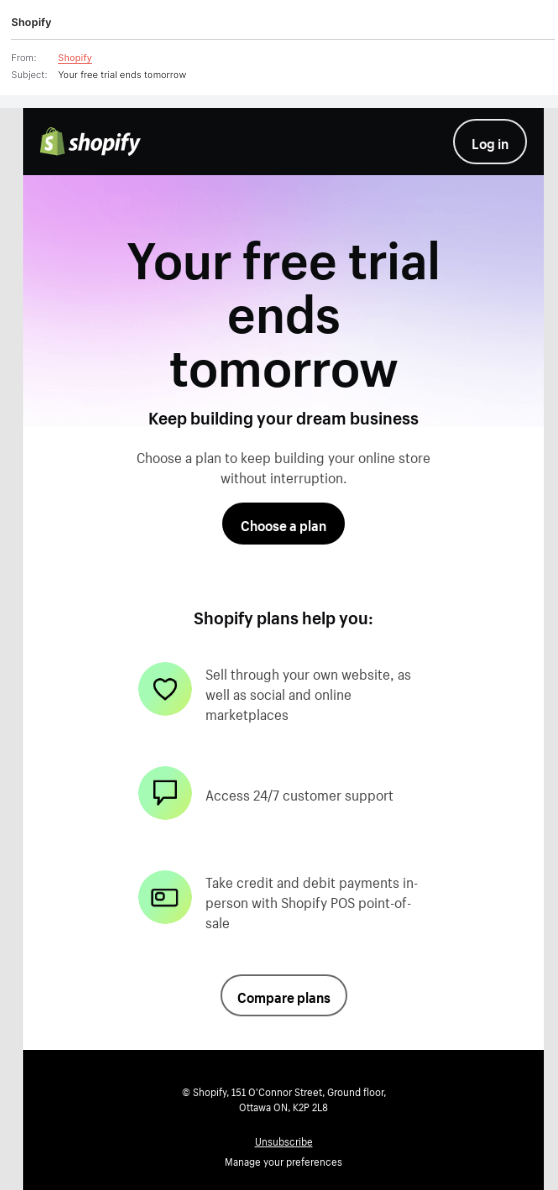 Shopify conversion email screenshot for example