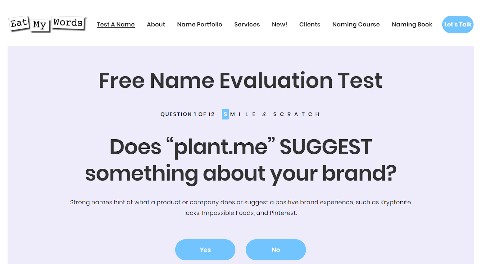 Eat my Words AI tool to test a brand name screenshot of home page