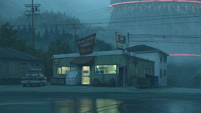 A suburban diner overlooking a cyberpunk city; a common sight