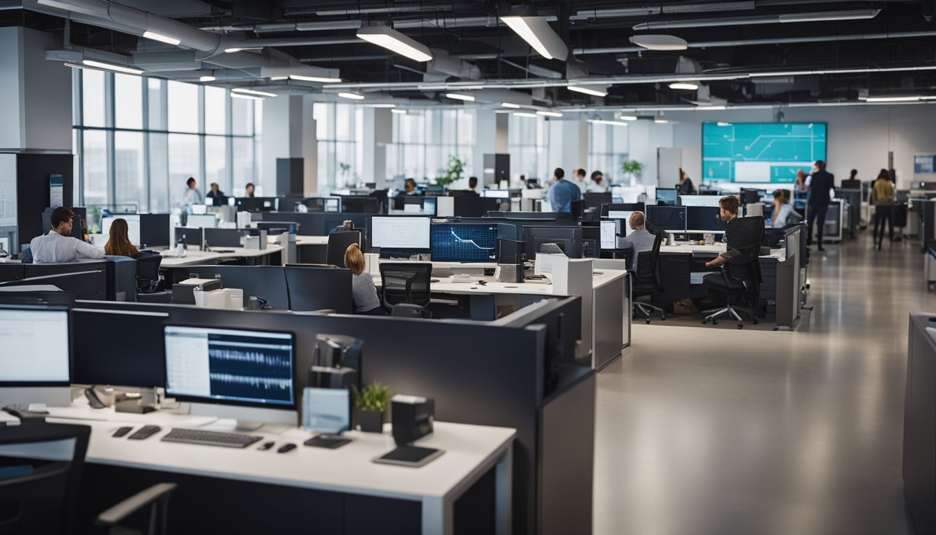 A bustling Amazon market research office with employees analyzing data, brainstorming ideas, and collaborating on projects in a modern, open-concept workspace