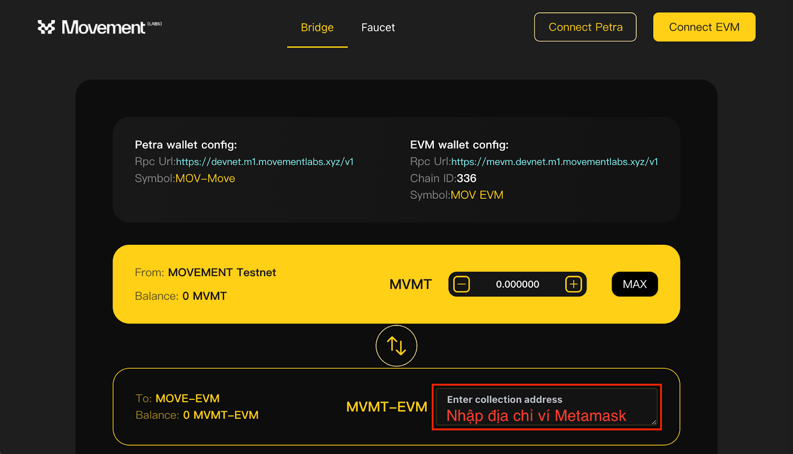 Tiến hành chuyển token MVMT từ Movement Testnet ở ví Aptos sang ví Metamask.