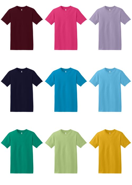 Nine colors of the Hanes 5280 Adult Essential Short Sleeve T-Shirts. 