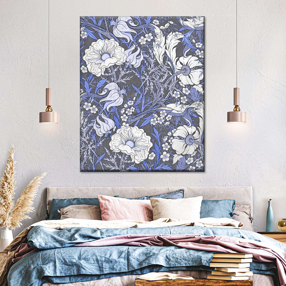 blue and white flower painting in the bedroom