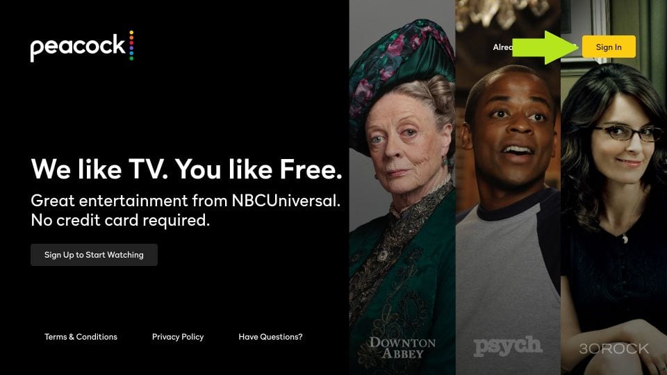 Screenshot of Peacock TV app sign in page on Firestick