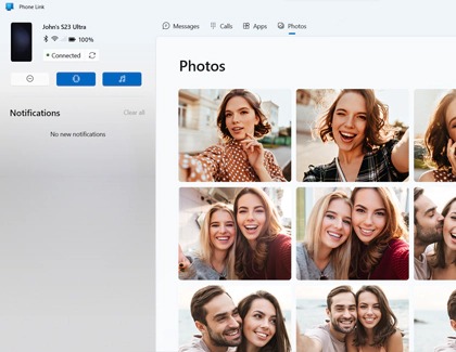 Phone Link app displaying photos from a Galaxy phone