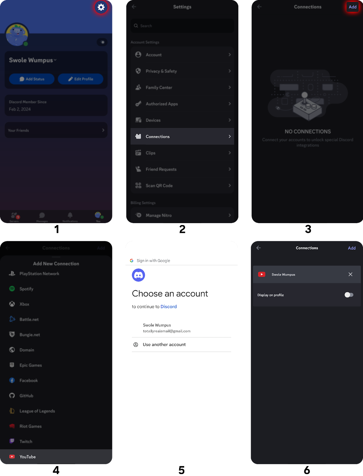 Steps of connecting a YouTube account to a Discord account