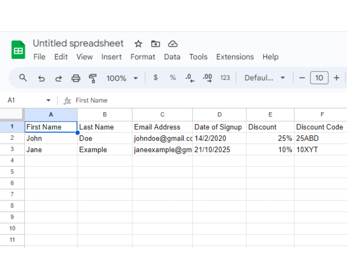 Contact list spreadsheet with personalized fields