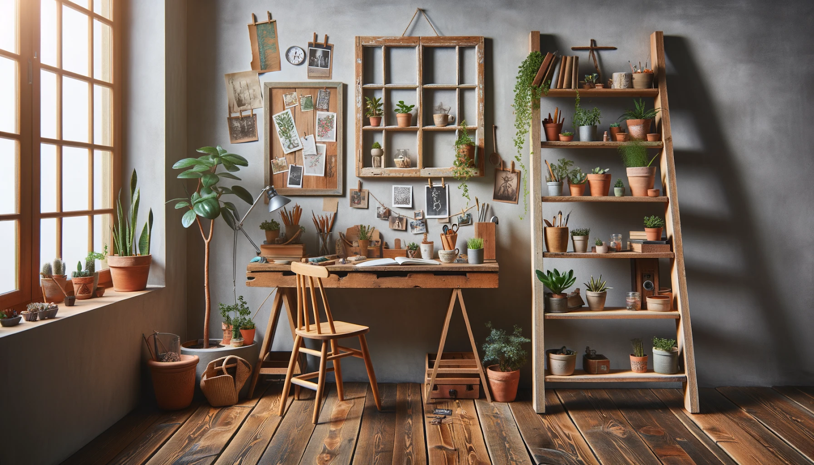 Foto de um espaço de trabalho doméstico criativo que celebra o espírito do upcycling. Uma velha escada de madeira foi habilmente transformada em uma estante, contendo vasos de plantas, livros e itens decorativos.