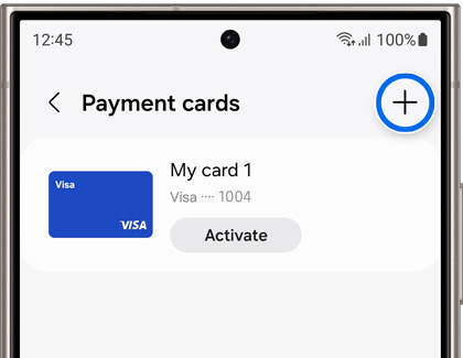 Plus icon highlighted in the Payment cards screen
