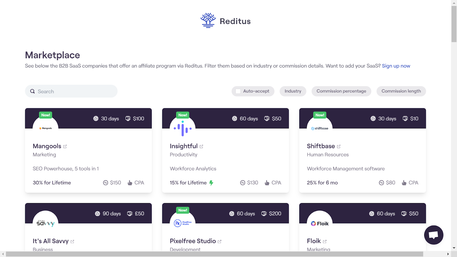 Screenshot from the Reditus Marketplace.