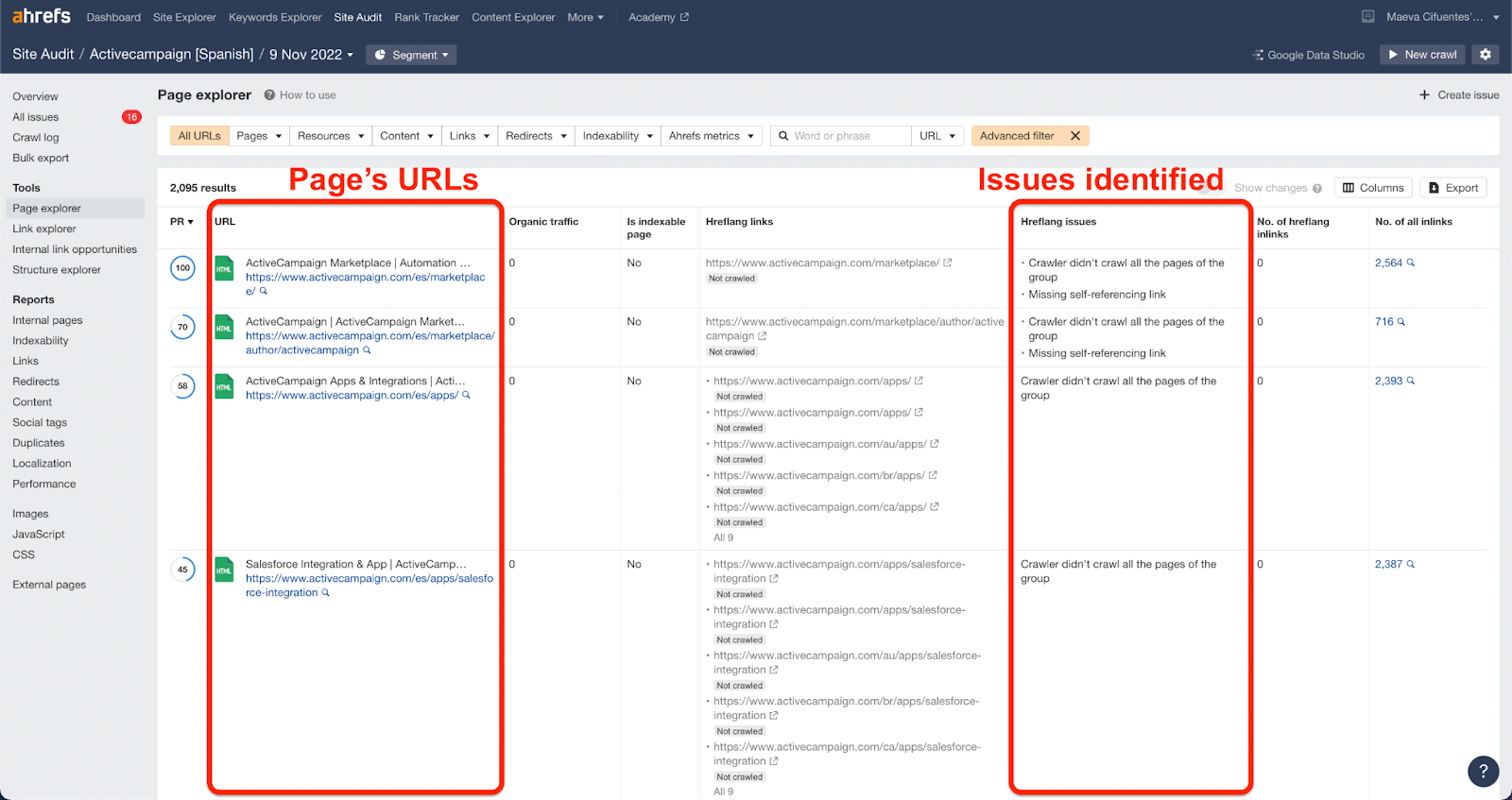 This screenshot helps you understand the error list and where to easily spot the hreflang tags issues identified