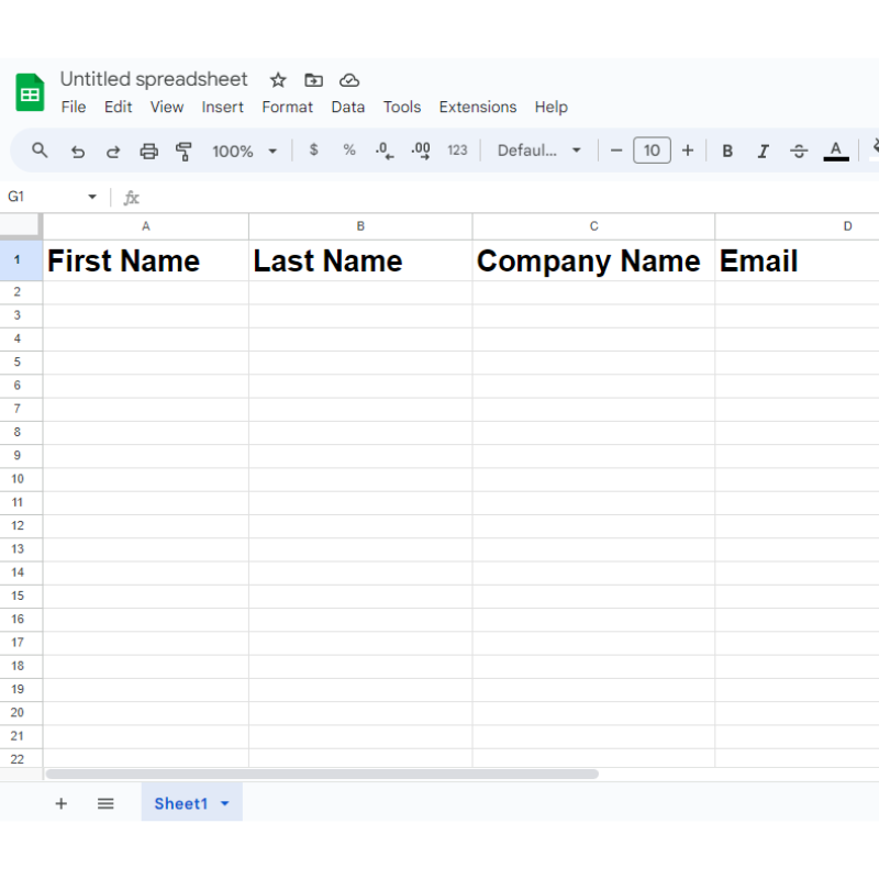 Spreadsheet with First name, last name, company name and email columns