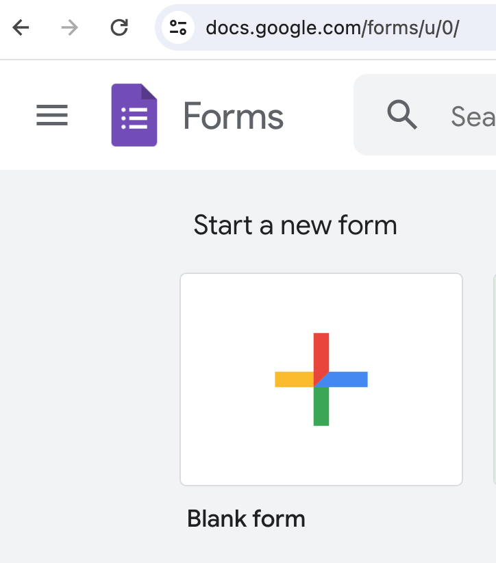 Screenshot of the Google Forms start page, with the interface prompting to 'Start a new form', ready to be used for Automated Phone Number Verification.
