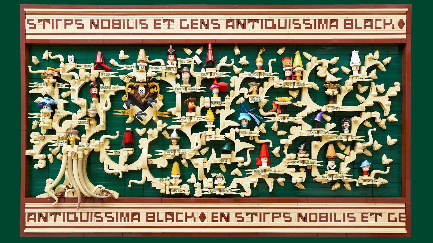 A photo of the LEGO creation The Black Family Tapestry, depicting a family tree from the Harry Potter franchise. The tree is built with creative tan elements forming an organic shape, and minifigure heads are used to represent people on the family tree.