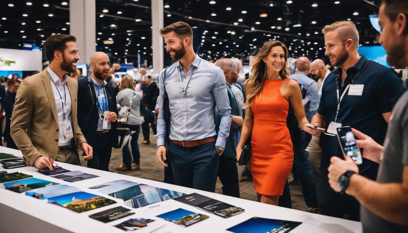 A diverse group of professionals networking at an Austin trade show.