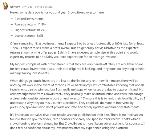 A person on Reddit claims they made 11.8% returns with CrowdStreet. 