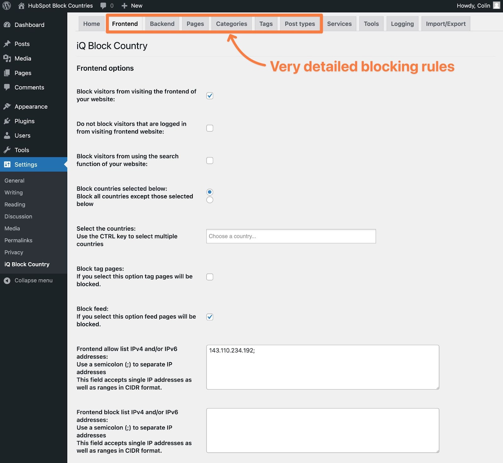 WordPress plugin to block countries, setting up country-blocking rules in the iQ Block Country plugin.